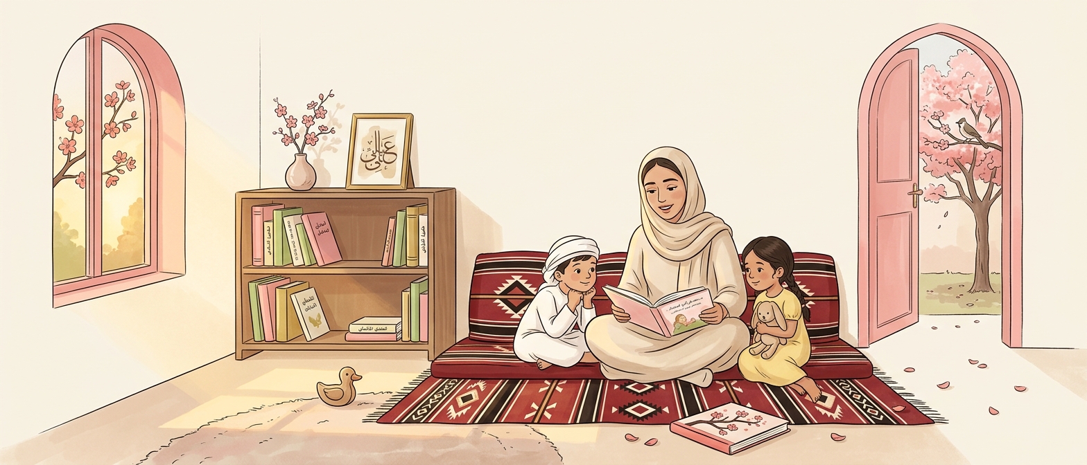 معلّمة تقرأ لطفلين في ركن المكتبة