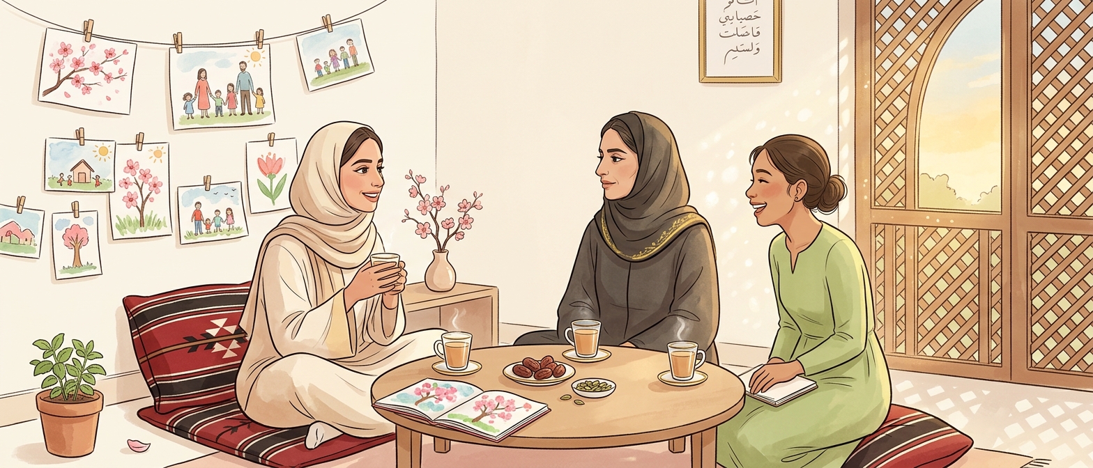 ثلاث معلّمات في غرفة الموظّفين، حول كرك وتمر