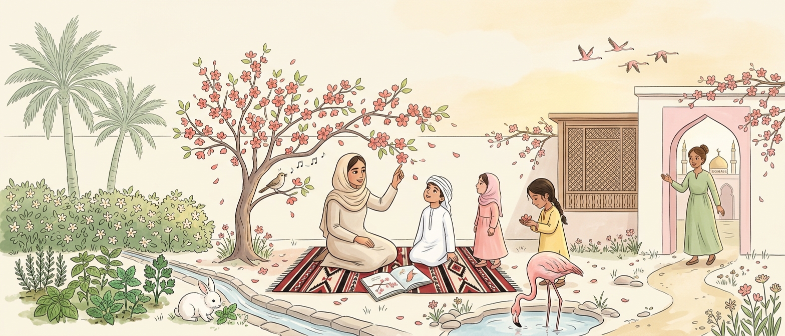 أطفال وأهل في حديقة شيري بلوسوم — كتاب مفتوح، فلج، طيور النحام، وأرنب